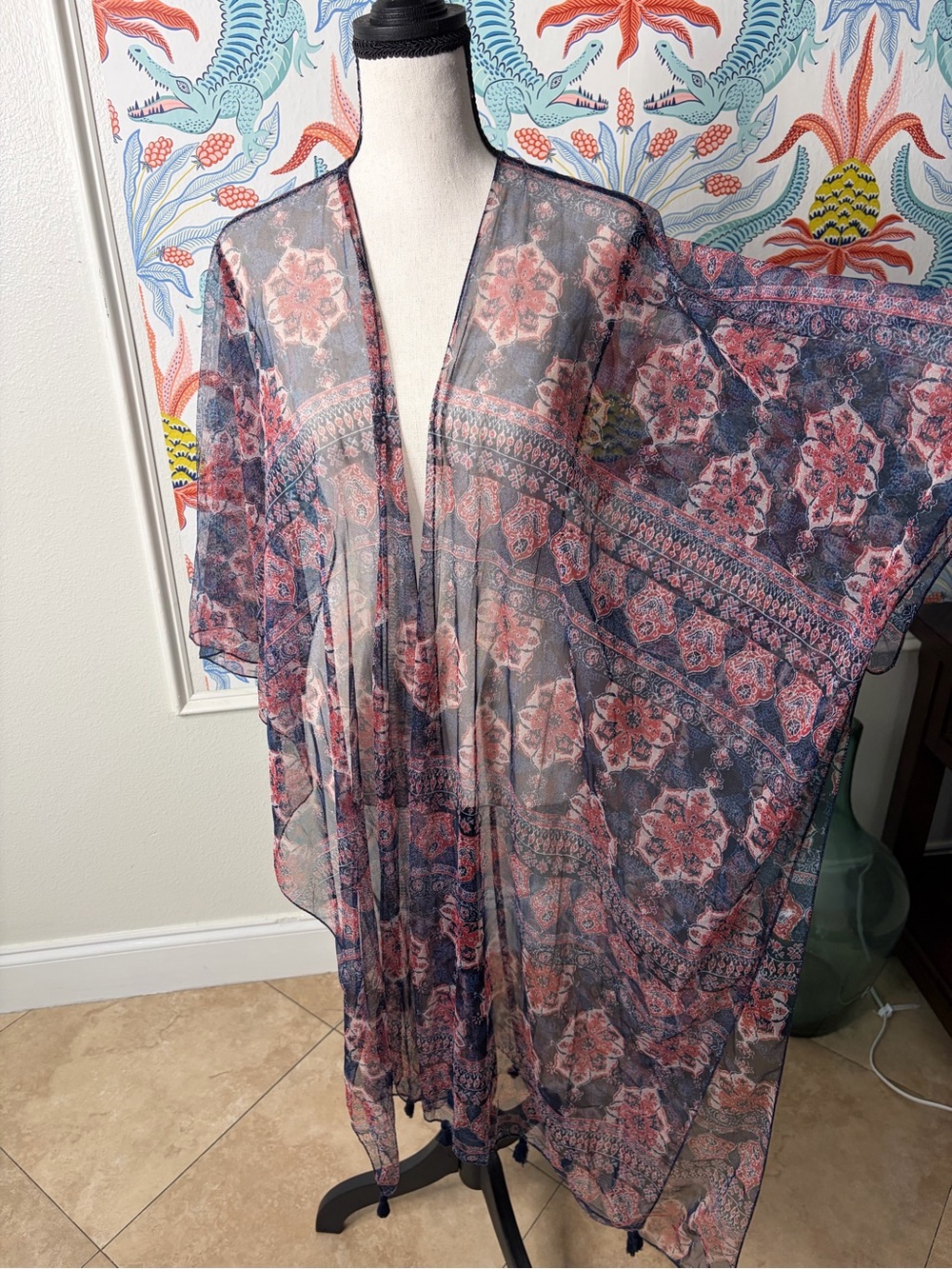 Sheer Navy and Coral Floral Kimono Duster - CATO - One Size